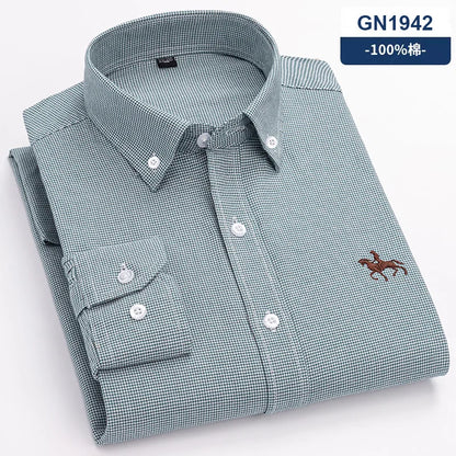 Quality 100% Cotton Oxford Shirt Men's Long Sleeve Embroidered Horse Casual Without Pocket Solid Yellow Dress Shirts Men 5XL 6XL