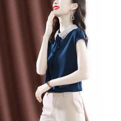 Office Lady Peter Pan Collar Chic Embroidered Flares Blouse Summer Solid Color All-match Drawstring Female Short Sleeve Shirt