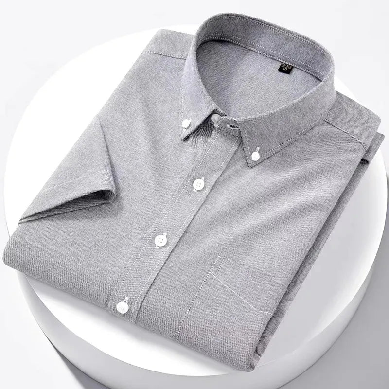 Luxury Men's Oxford Shirt 100% Cotton Short Sleeve Causal Stripe Solid Summer Basic Business Formal Social White Slim Fit Blouse