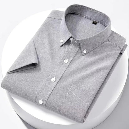 Luxury Men's Oxford Shirt 100% Cotton Short Sleeve Causal Stripe Solid Summer Basic Business Formal Social White Slim Fit Blouse