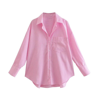 Striped Loose Shirts With Pocket for Women, Long Sleeve, Button-up Blouses, Chic Tops, Female Fashion