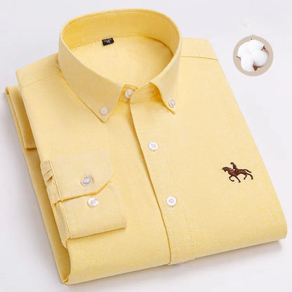 Fashion Strip 100% Oxford Embroidered Horse Casual Without Pocket Solid Plaid Shirts Men's Long Sleeve Dress Shirt Men Plus Size