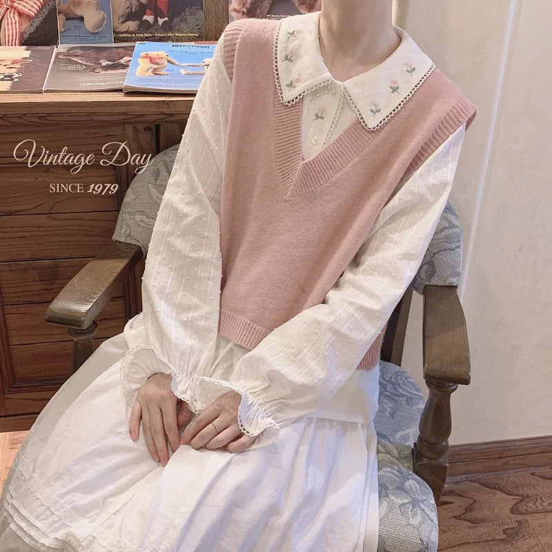 Peter Pan Collar Shirts Women Long Sleeves White Girls Vintage Floral Spring Tops Schoolgirls Kawaii Basic Ins Chic New Arrivals