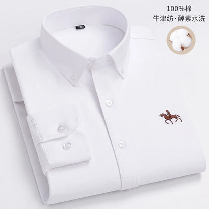 Quality 100% Cotton Oxford Shirt Men's Long Sleeve Embroidered Horse Casual Without Pocket Solid Yellow Dress Shirts Men 5XL 6XL