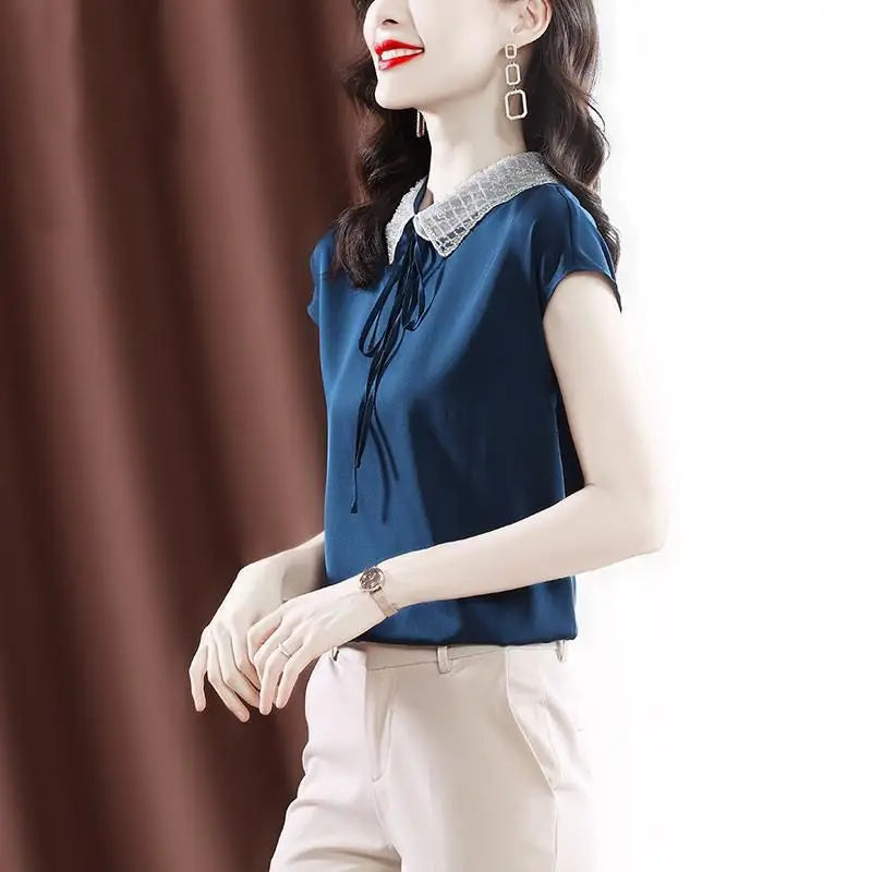 Office Lady Peter Pan Collar Chic Embroidered Flares Blouse Summer Solid Color All-match Drawstring Female Short Sleeve Shirt