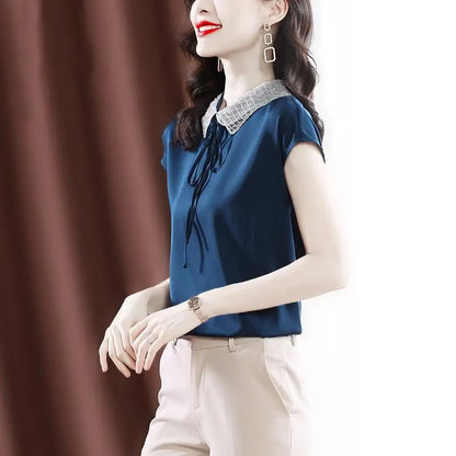 Office Lady Peter Pan Collar Chic Embroidered Flares Blouse Summer Solid Color All-match Drawstring Female Short Sleeve Shirt