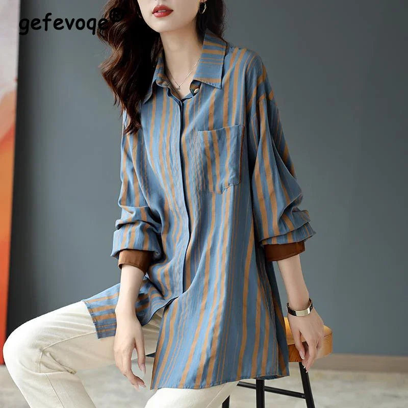 Spring & Autumn Striped Loose Blouse for Women - Casual Vintage Long Sleeve Top, Elegant All-Match Shirt, NZ | Strylez Virtual Try-On