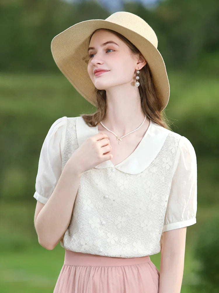 I BELIEVE YOU French Peter Pan Collar Lace Puff Sleeve Shirt Blouse – Women 2024 Summer New Basics NZ | Strylez Virtual Try-On