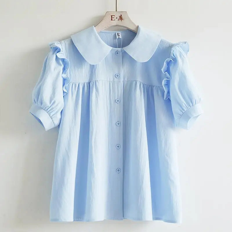 Blue Peter Pan Collar Loose Blouse - Short Sleeve, Single Breasted Women’s Shirt, Korean Fashion Tops 2024 Spring NZ | Strylez Virtual Try-On