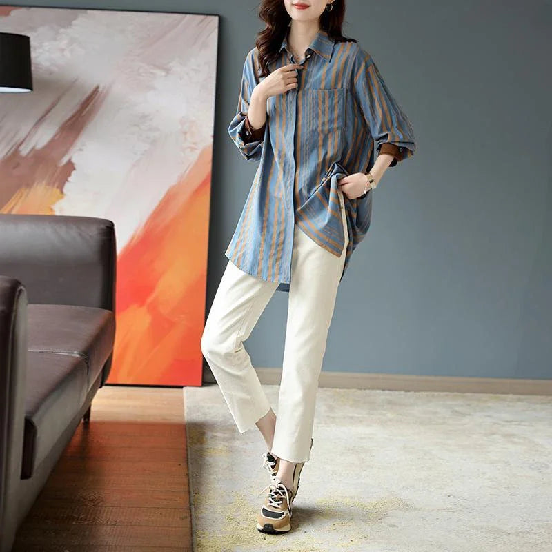 Spring & Autumn Striped Loose Blouse for Women - Casual Vintage Long Sleeve Top, Elegant All-Match Shirt, NZ | Strylez Virtual Try-On