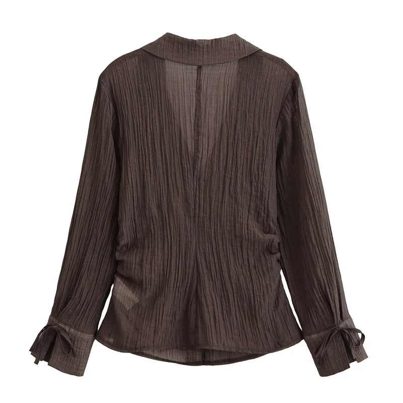 Women's Blouse New Summer 2025 Brown Long Sleeve Translucent Shirt Bow Decoration Sexy and Fashionable Personality and Versatile