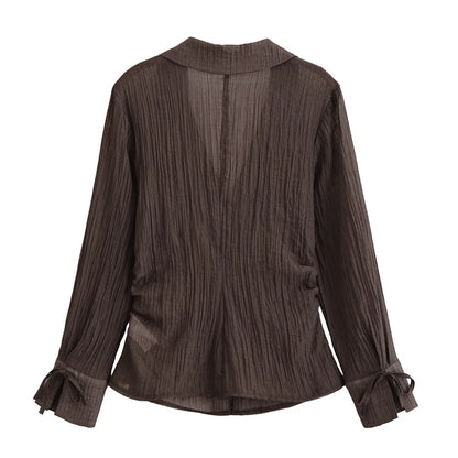 Women's Blouse New Summer 2025 Brown Long Sleeve Translucent Shirt Bow Decoration Sexy and Fashionable Personality and Versatile