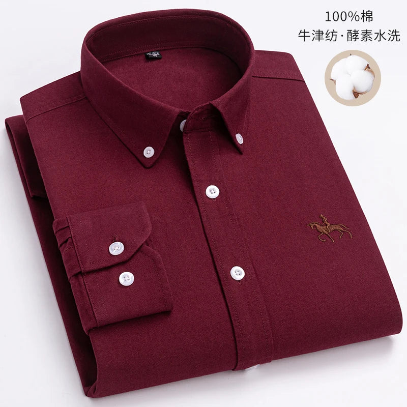 Quality 100% Cotton Oxford Shirt Men's Long Sleeve Embroidered Horse Casual Without Pocket Solid Yellow Dress Shirts Men 5XL 6XL