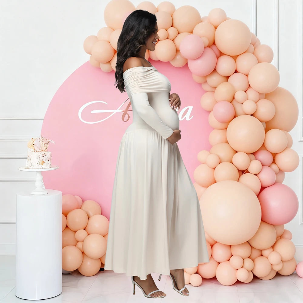 Maternity Elegant Photoshoot Dresses off Shoulder Long Sleeves Solid Pregnant Pleated Dress for Baby Shower