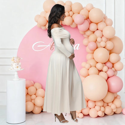 Maternity Elegant Photoshoot Dresses off Shoulder Long Sleeves Solid Pregnant Pleated Dress for Baby Shower