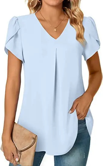Elegant Women's Top Blouse 2024 Summer Flower – Short Sleeve V-Neck Office/Work, Commuter Shirt S-XXL | NZ | Strylez Virtual Try-On