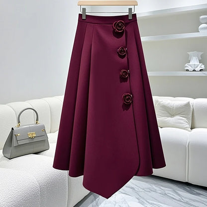 Elegant 2024 Red A-line High Waist Skirt – Playful Korean Autumn Style