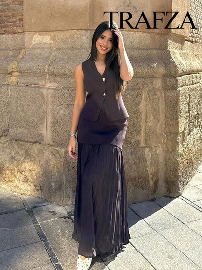 TRAFZA Women’s Chic 2-Piece V-Neck Vest & High-Waist Zipper Skirt Set