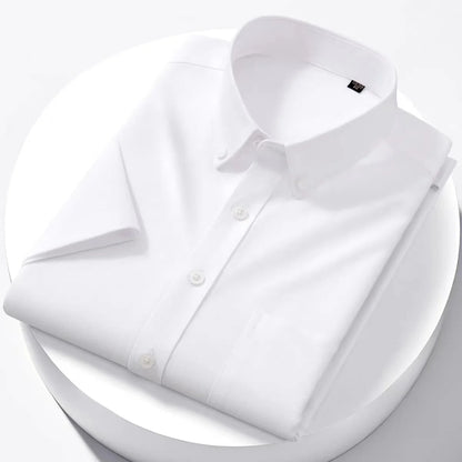 Luxury Men's Oxford Shirt 100% Cotton Short Sleeve Causal Stripe Solid Summer Basic Business Formal Social White Slim Fit Blouse