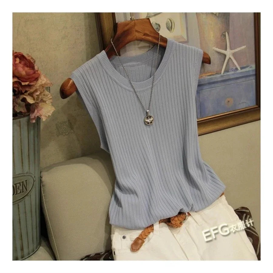 Summer Sleeveless O-Neck Knitted Top for Women - Sleeveless Blouse, Knit Shirt, Women's Tops NZ | Strylez Virtual Try-On