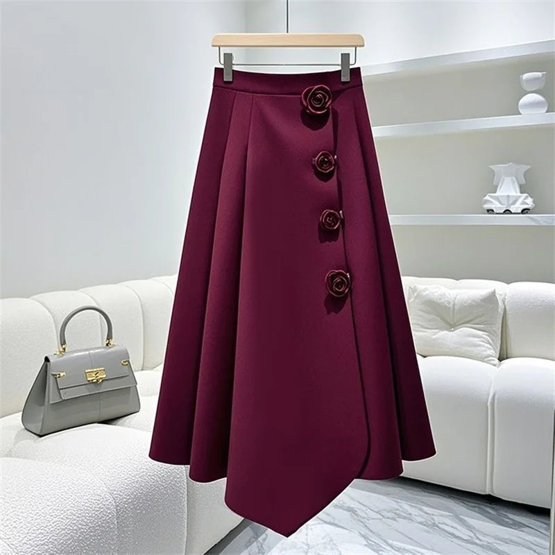Vintage-Inspired High-Waisted Pleated A-Line Midi Skirt with 3D Flowers – New Zealand | Strylez Virtual Try-On