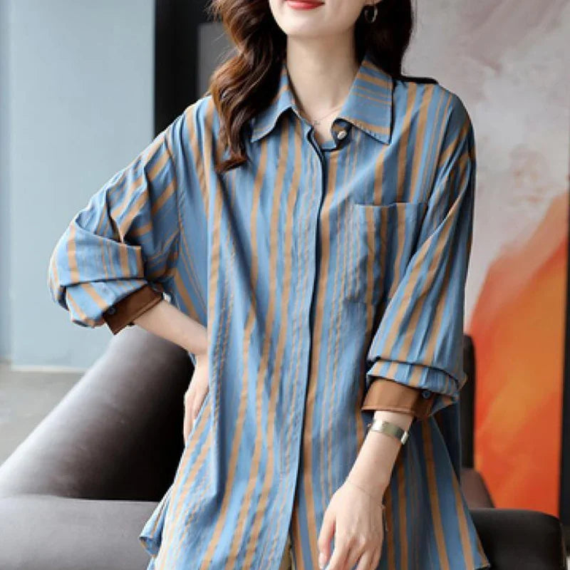 Spring & Autumn Striped Loose Blouse for Women - Casual Vintage Long Sleeve Top, Elegant All-Match Shirt, NZ | Strylez Virtual Try-On