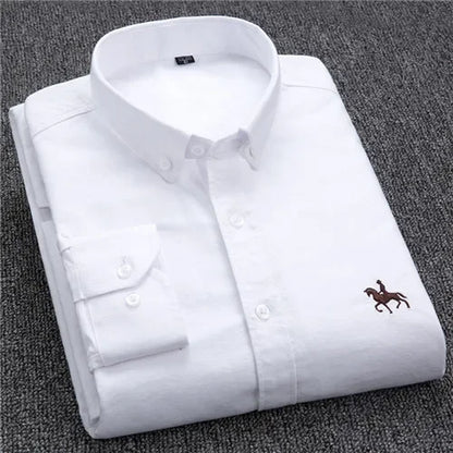 Casual Pure Cotton Oxford Mens Shirts Long Sleeve Embroidery Horse Design Regular Fit Fashion Button Man White Dress Shirt