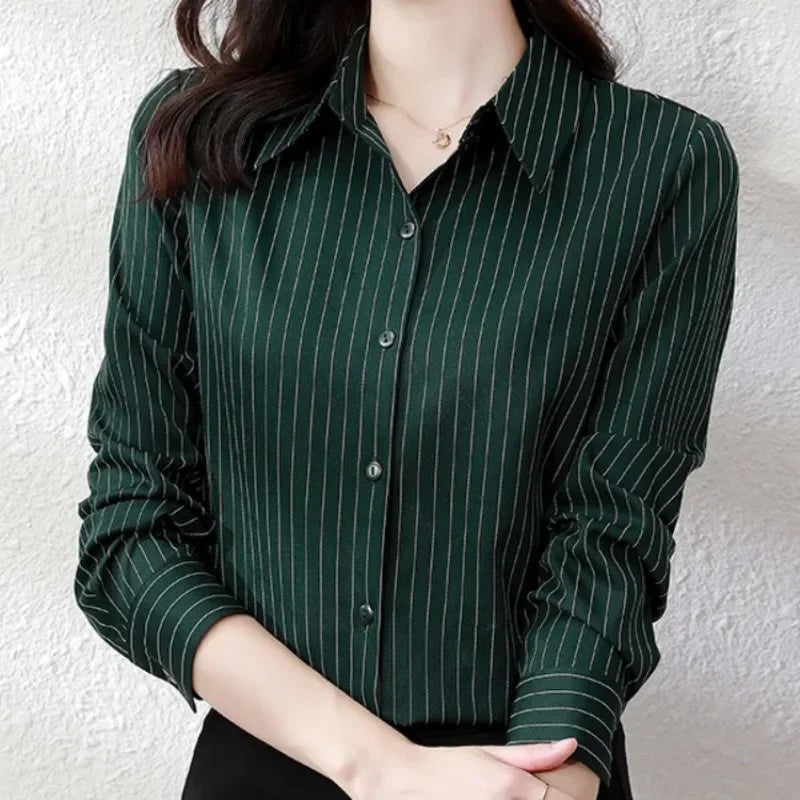 Striped Women Shirt - Korean Fashion Long Sleeve Blouse, Button Up Top OL Chiffon - New Zealand | Strylez Try-On