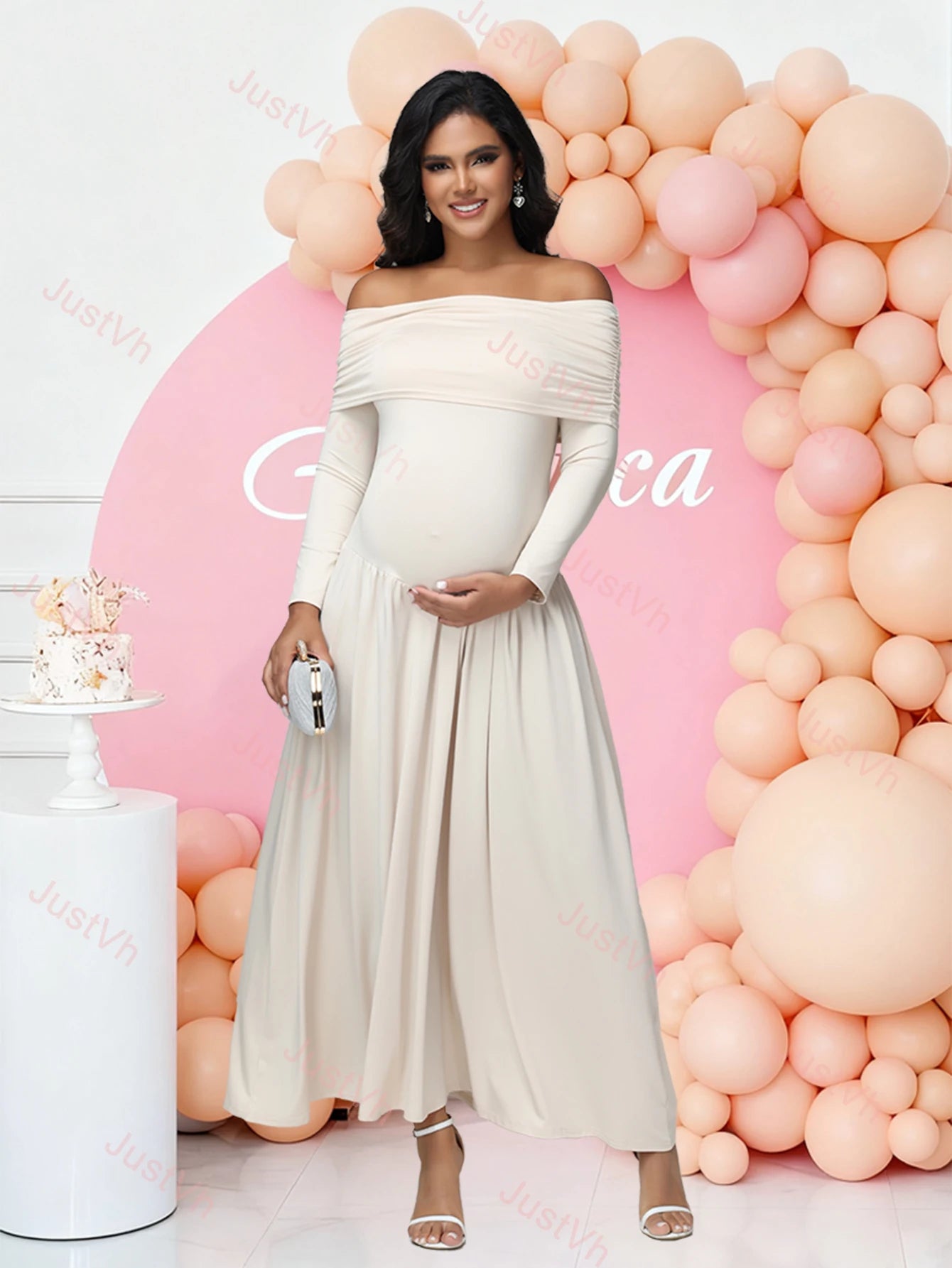 Maternity Elegant Photoshoot Dresses off Shoulder Long Sleeves Solid Pregnant Pleated Dress for Baby Shower
