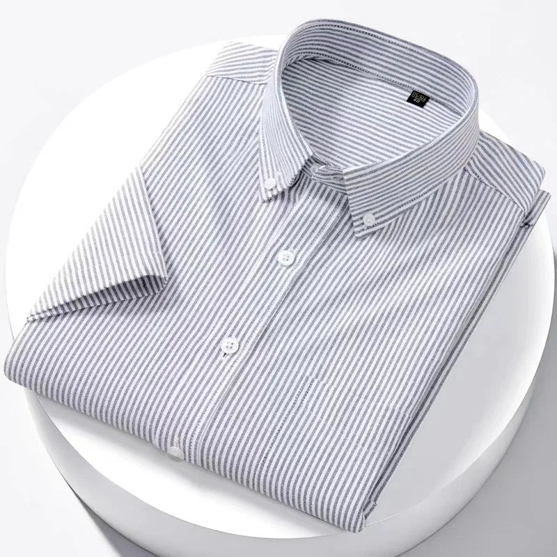 Luxury Men's Oxford Shirt 100% Cotton Short Sleeve Causal Stripe Solid Summer Basic Business Formal Social White Slim Fit Blouse