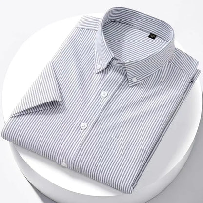 Luxury Men's Oxford Shirt 100% Cotton Short Sleeve Causal Stripe Solid Summer Basic Business Formal Social White Slim Fit Blouse