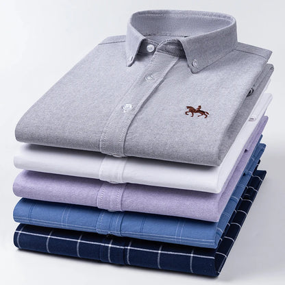 Fashion Strip 100% Oxford Embroidered Horse Casual Without Pocket Solid Plaid Shirts Men's Long Sleeve Dress Shirt Men Plus Size
