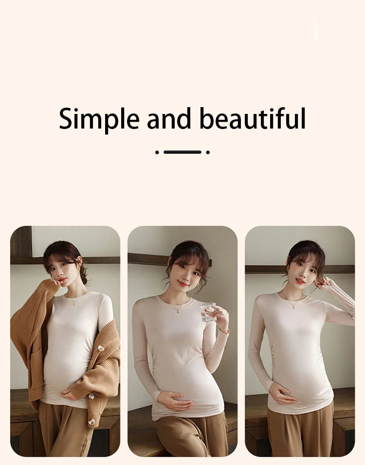 Maternity Spring Fall Round Neck Long-Sleeved Slim Thin Section Bottoming Shirt Pregnant Women's Solid Elastic Soft Homewear