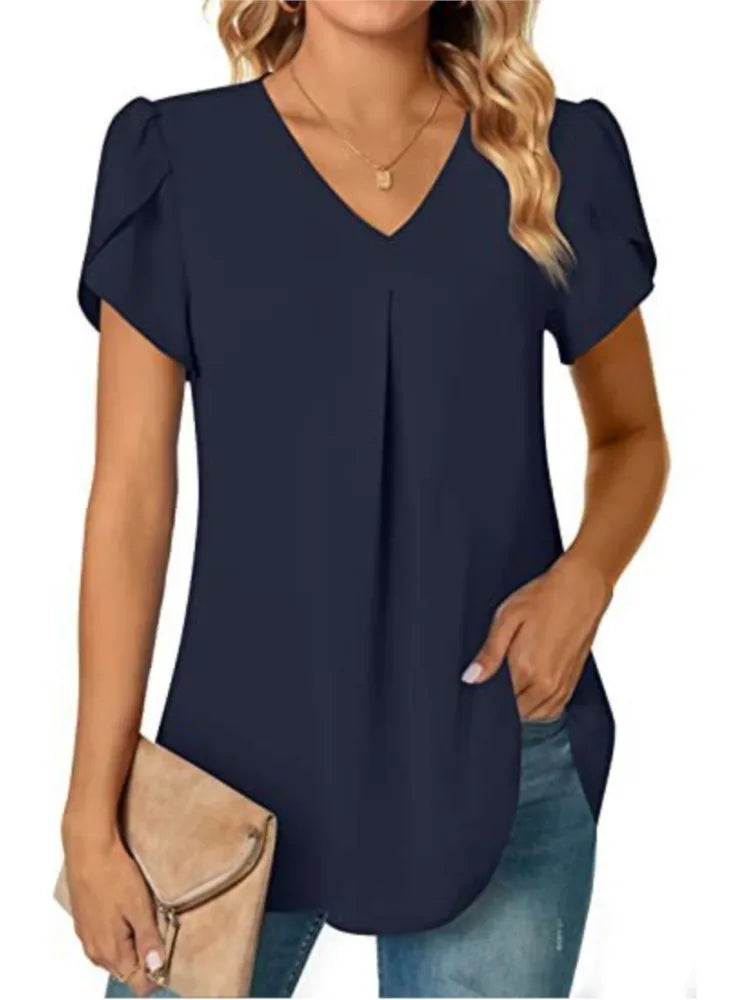 Elegant Women's Top Blouse 2024 Summer Flower – Short Sleeve V-Neck Office/Work, Commuter Shirt S-XXL | NZ | Strylez Virtual Try-On