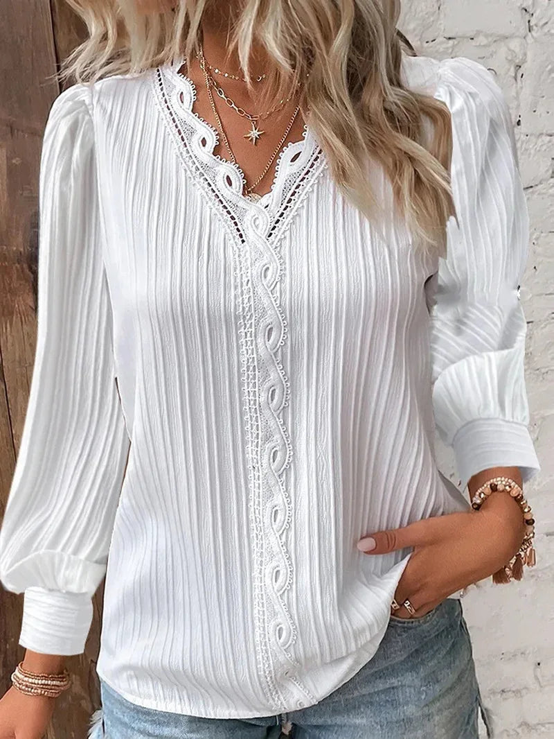Elegant Summer Hollow Lace Patchwork Women’s Shirt – V-Neck Long Sleeve Blouse, Casual Lace Top New Zealand | Strylez Virtual Try-On