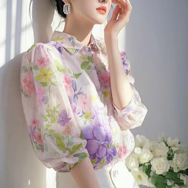Elegant French-style beautiful purple floral chiffon blouse for women, 2025 blouse