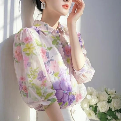 Elegant French-style beautiful purple floral chiffon blouse for women, 2025 blouse