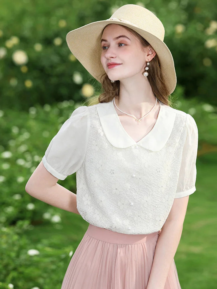 I BELIEVE YOU French Peter Pan Collar Lace Puff Sleeve Shirt Blouse – Women 2024 Summer New Basics NZ | Strylez Virtual Try-On