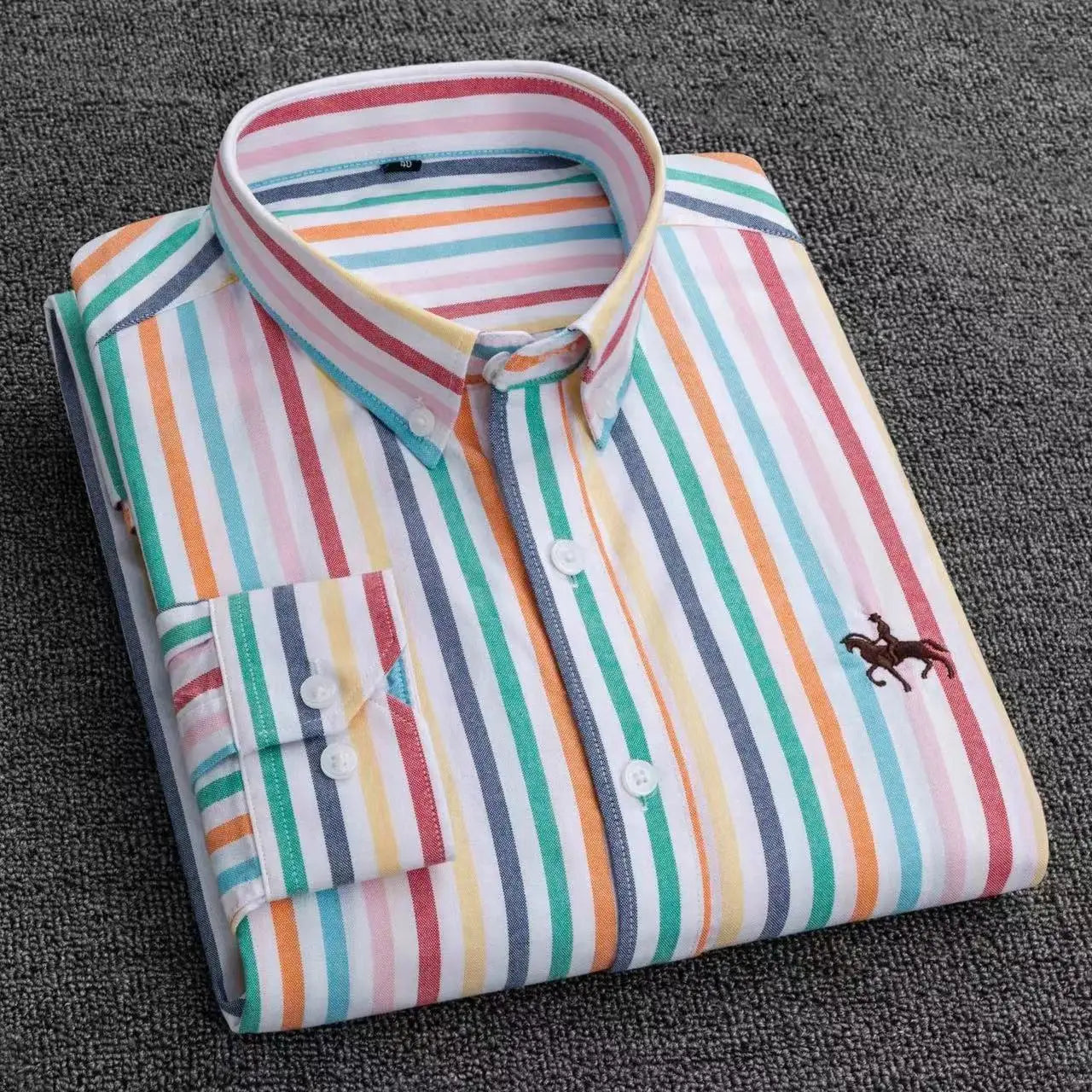 Fashion Strip 100% Oxford Embroidered Horse Casual Without Pocket Solid Plaid Shirts Men's Long Sleeve Dress Shirt Men Plus Size