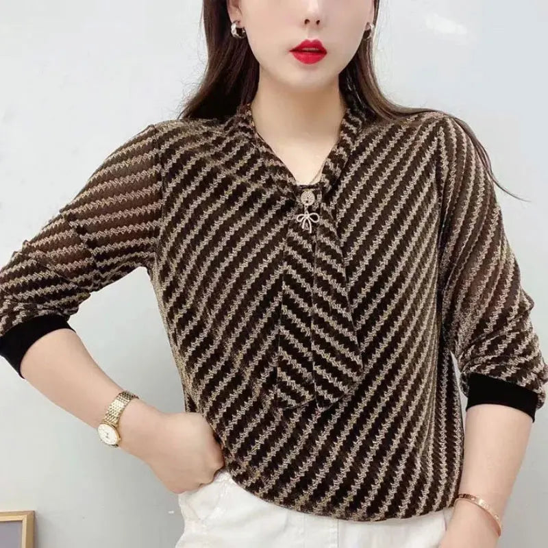 Commute Striped Spliced Blouse Fashion Bright Silk Spring Autumn New Long Sleeve Women's Clothing Elegant V-Neck Bandage Shirt