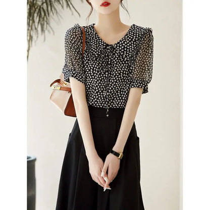 Fashion Peter Pan Collar Ruffles Lace Up Bow Printed Blouse Women's Clothing 2023 Summer New Casual Pullovers Short Sleeve Shirt