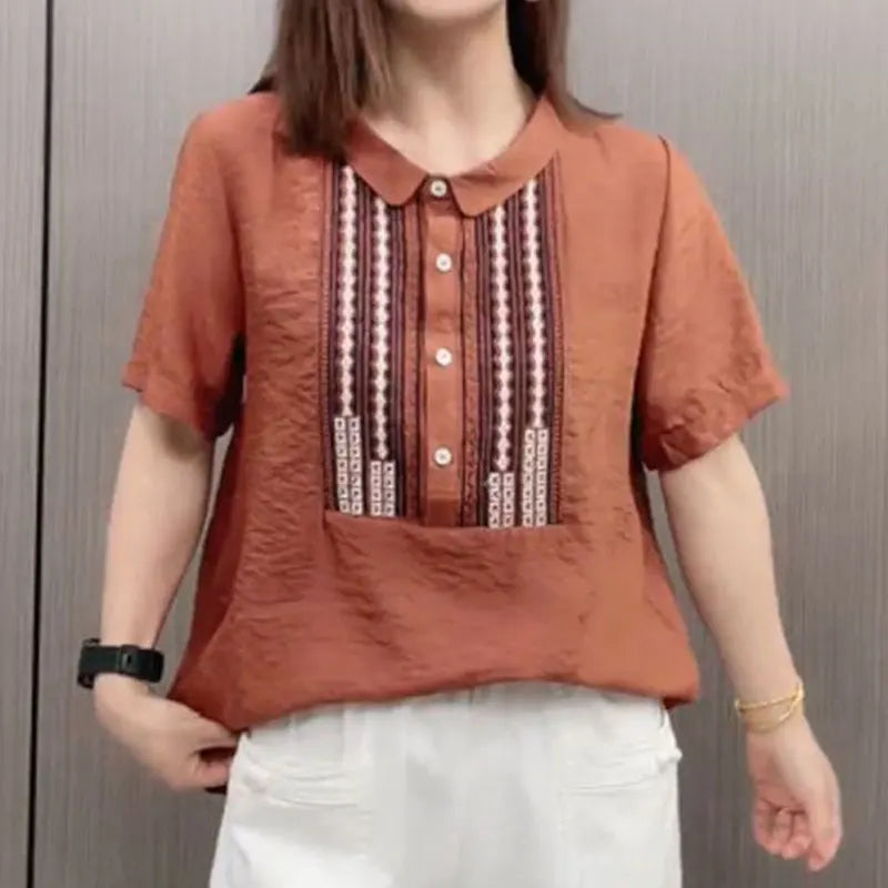 Vintage Peter Pan Collar Blouse Casual Loose Female Clothing Stylish Printed Patchwork Button 2024 Summer New Short Sleeve Shirt