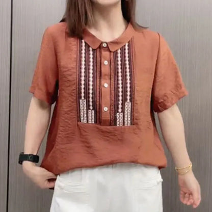 Vintage Peter Pan Collar Blouse Casual Loose Female Clothing Stylish Printed Patchwork Button 2024 Summer New Short Sleeve Shirt