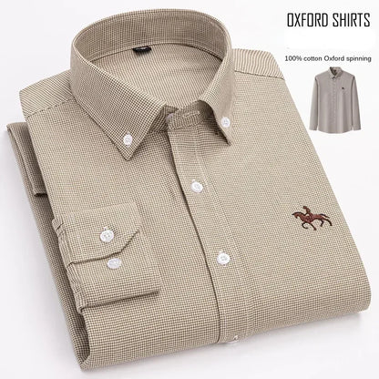 Casual Pure Cotton Oxford Mens Shirts Long Sleeve Embroidery Horse Design Regular Fit Fashion Button Man White Dress Shirt