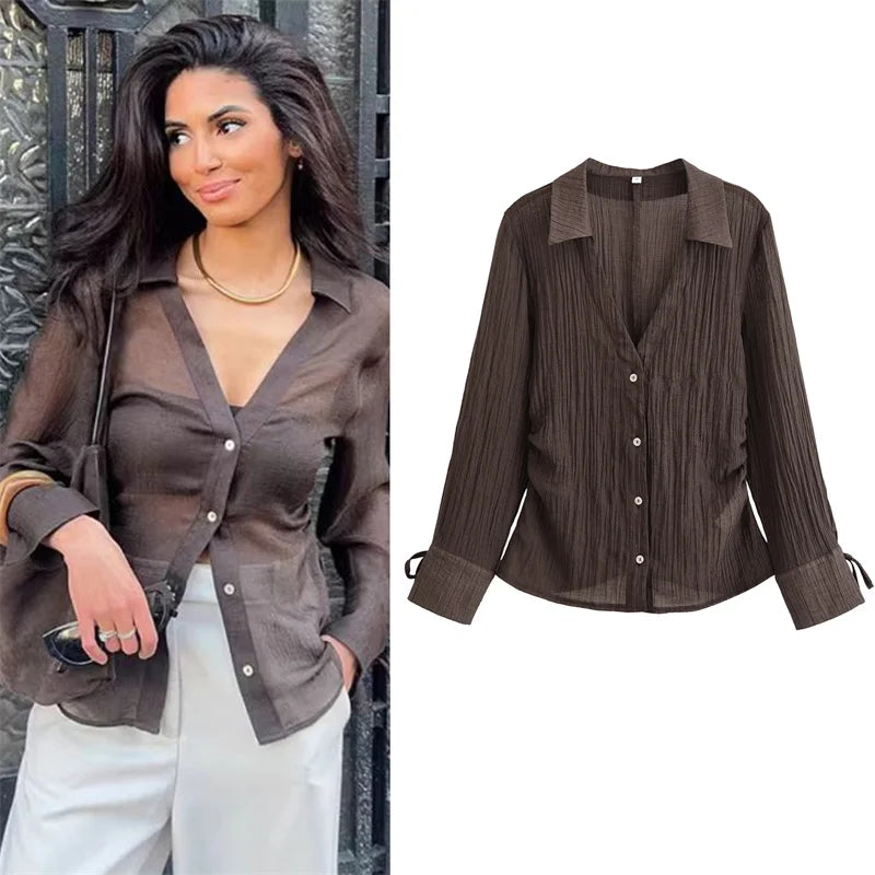 Women's Blouse New Summer 2025 Brown Long Sleeve Translucent Shirt with Bow - Sexy, Fashionable & Versatile | New Zealand | Strylez Virtual Try-On