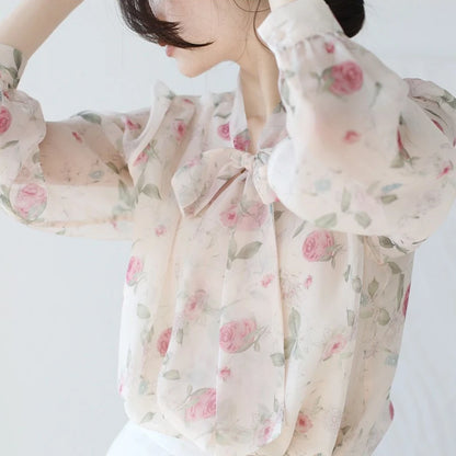 Blouse Women Pink Floral Tops Fall Newly Trendy Bow Vintage Gentle Sweet Casual French Puff Sleeve Ins Chic Stand Collar Lace-up