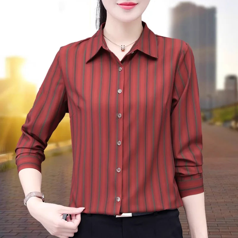 Stripe Long Sleeve Blouse Women Spring Autumn New Style Middle-aged Mother Versatile Fashion Shirt