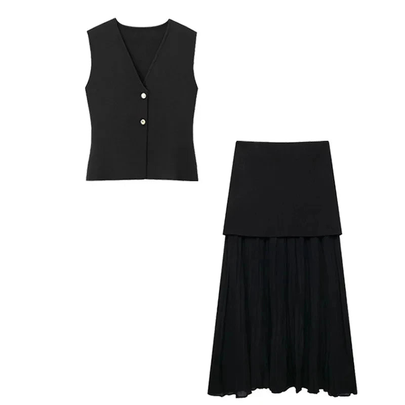 TRAFZA Women's Chic 2-Piece V-Neck Vest & High-Waist Zipper Skirt Set – NZ, Strylez Virtual Try-On