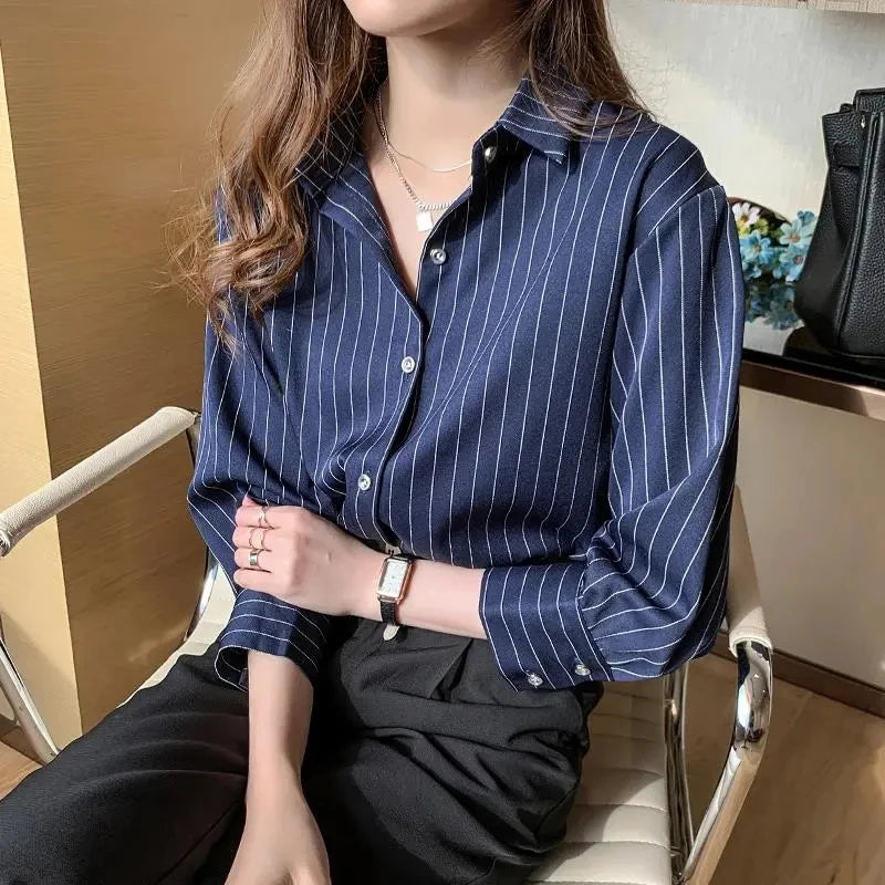 Striped Shirt Women Summer Vintage Chic Loose Long Sleeve Top - Y2K Office Casual Blouse | New Zealand | Strylez Virtual Try-On