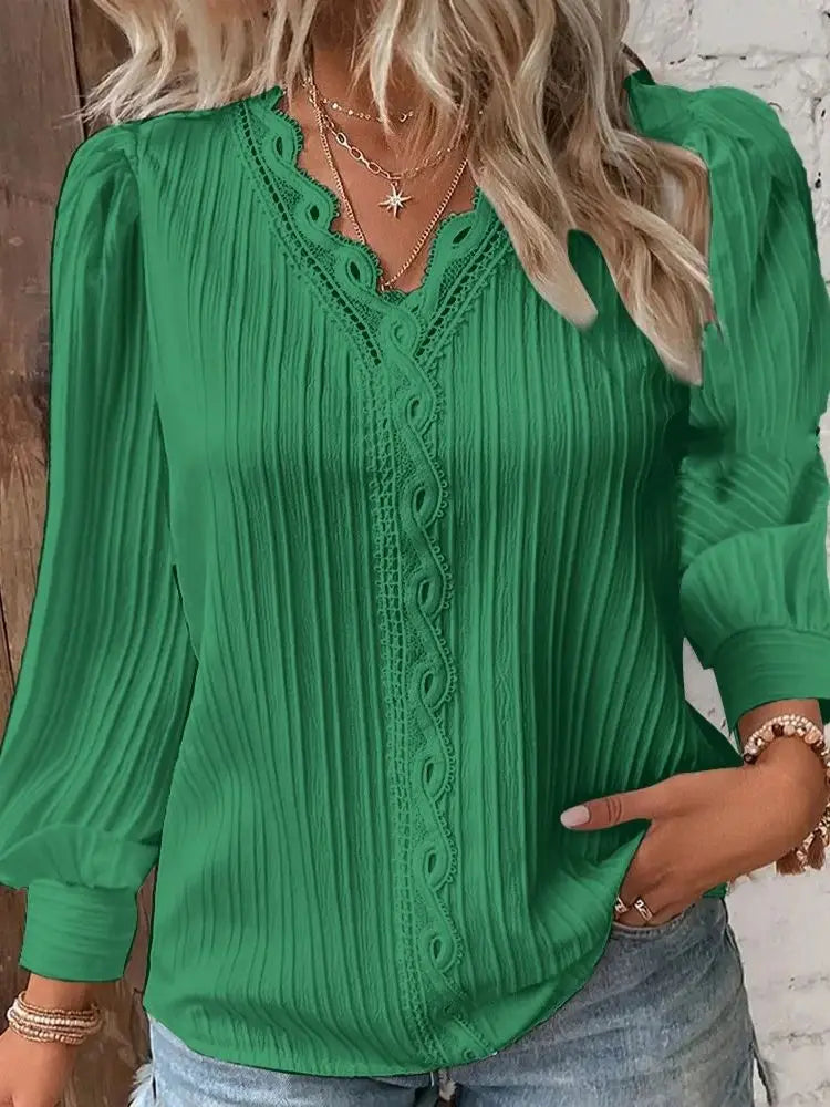 Elegant Summer Hollow Lace Patchwork Women Shirt Chic Blouse V Neck Long Sleeve Shirt Plain Lace Casual Basic Regular Tops